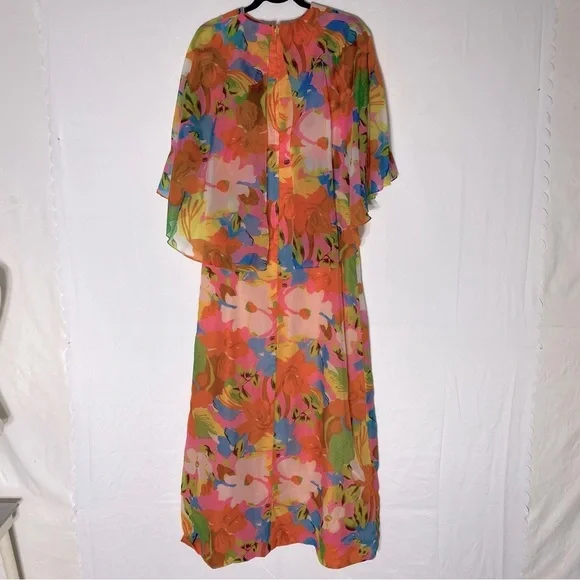 Vintage 60’s 70’s Orange Pink Blue Floral Capelet Chiffon Maxi Dress M Boho - Picture 15 of 16